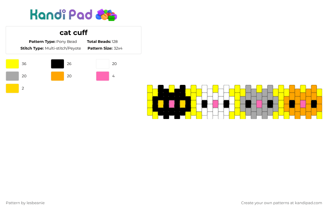 cat cuff - Pony Bead Pattern by lesbeanie on Kandi Pad - yellow,beige,orange,cuff,peyote,peyote cuff,even peyote,cat,cats,kitty,meow