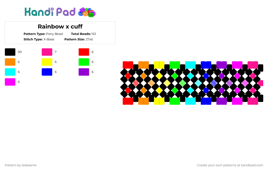 Rainbow x cuff - Pony Bead Pattern by lesbeanie on Kandi Pad - black,purple,pink,rainbow