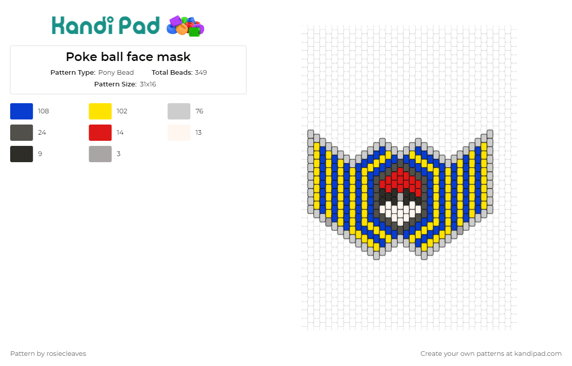 Poke ball face mask - Pony Bead Pattern by rosiecleaves on Kandi Pad - pokeball,mask,pokemon,iconic,fan art,gaming,adventure,character,enthusiast,yellow,blue