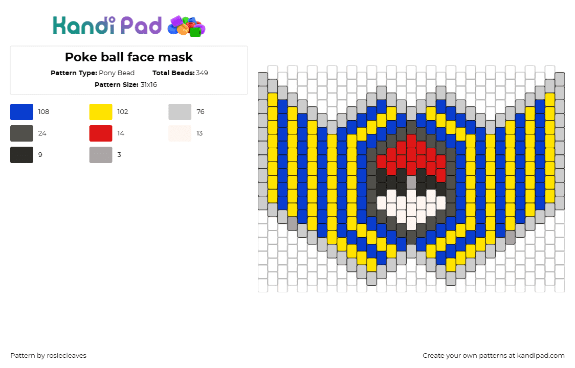 Poke ball face mask - Pony Bead Pattern by rosiecleaves on Kandi Pad - pokeball,mask,pokemon,gaming,adventure,character,yellow,blue