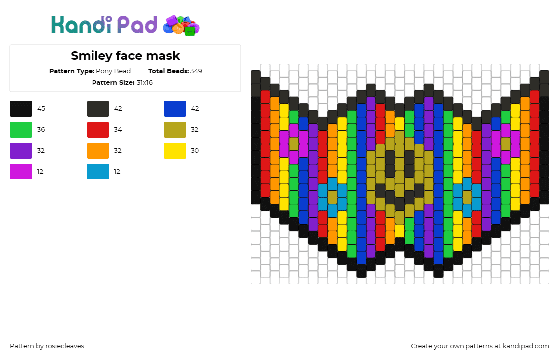 Smiley face mask - Pony Bead Pattern by rosiecleaves on Kandi Pad - smiley,mask,flowers,rainbow,joyful,positive,vibrant,party,multicolor