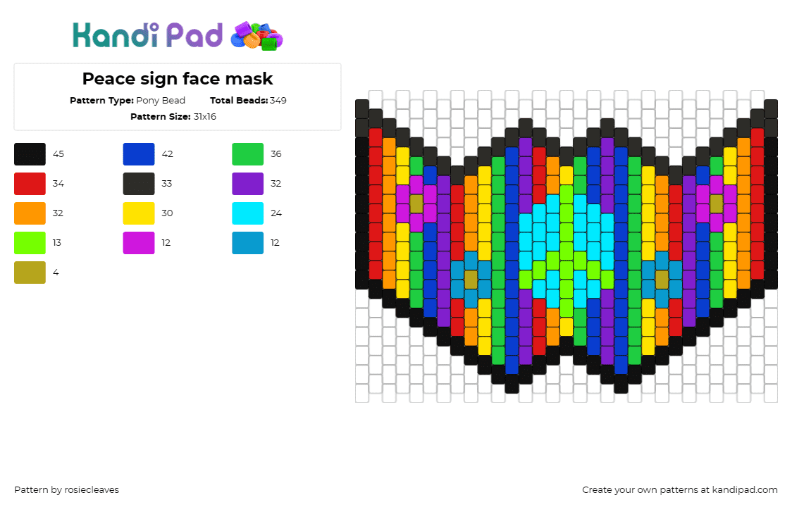 Peace sign face mask - Pony Bead Pattern by rosiecleaves on Kandi Pad - peace,mask,flowers,rainbow,symbol,love,unity,harmony,hippie,vibrant,multicolor