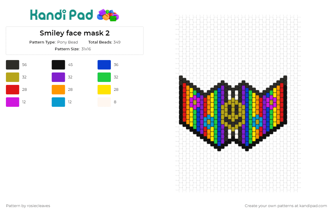 Smiley face mask 2 - Pony Bead Pattern by rosiecleaves on Kandi Pad - smiley,mask,flowers,rainbow,happiness,cheerful,joyful,expression,positivity,festival,multicolor