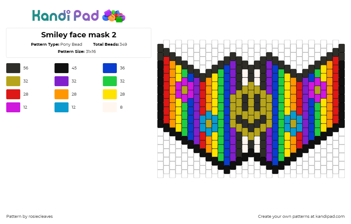 Smiley face mask 2 - Pony Bead Pattern by rosiecleaves on Kandi Pad - smiley,mask,flowers,rainbow,happiness,cheerful,joyful,expression,positivity,fest