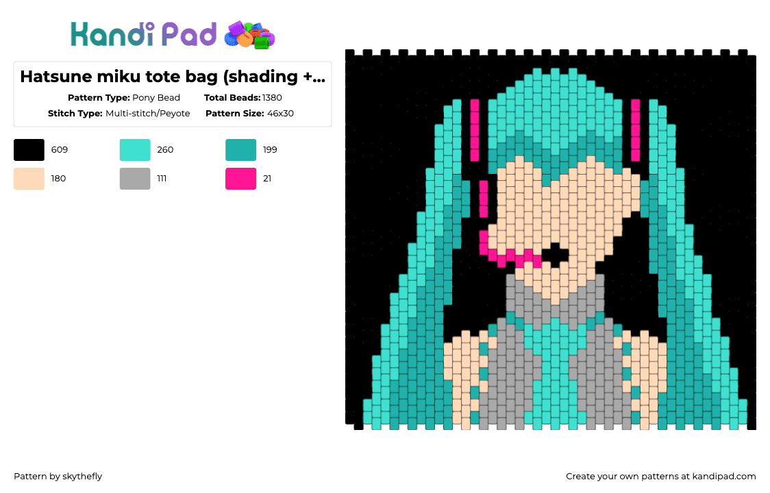 Hatsune miku tote bag (final) - Pony Bead Pattern by skythefly on Kandi Pad - light blue,teal,beige,vocaloid,hatsune,miku,hatsune miku,bag,tote bag