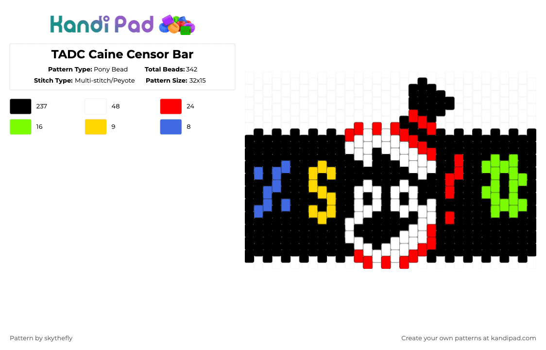 TADC Caine Censor Bar - Pony Bead Pattern by skythefly on Kandi Pad - black,white,red,green,caine,tadc,swear,censor,circus