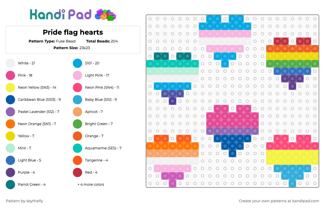 Pride flag hearts - Fuse Bead Pattern by skythefly on Kandi Pad - pink,light blue,yellow,orange,colourful,pride,heart,hearts,plur,love