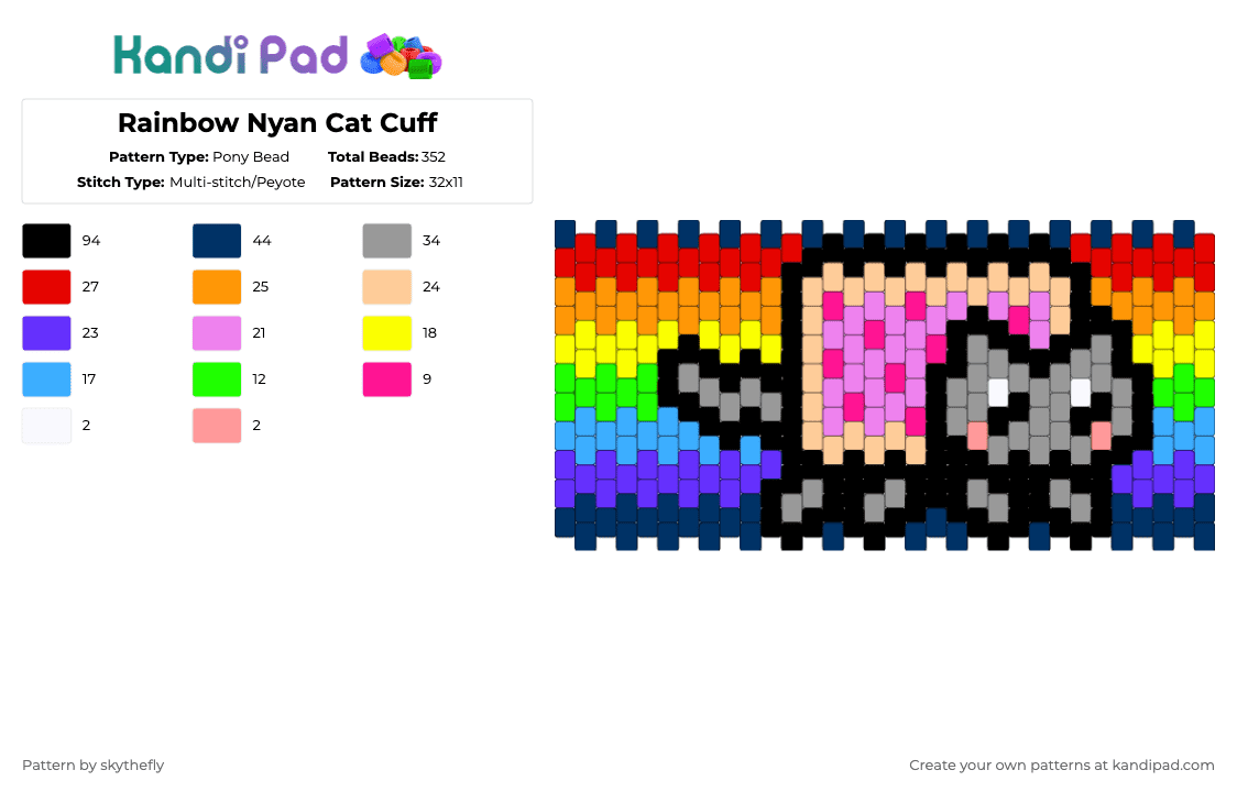 Rainbow Nyan Cat Cuff - Pony Bead Pattern by skythefly on Kandi Pad - orange,gray,blue,colorful,nyan,nyan cat,cat,cute,rainbow,colourful,multistitch