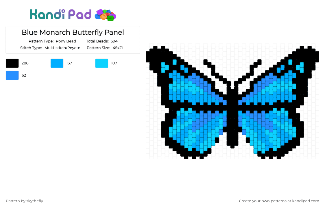Blue Monarch Butterfly Panel - Pony Bead Pattern by skythefly on Kandi Pad - black, blue, butterfly, fairy, insect, light blue, monarch, panel, whimsy