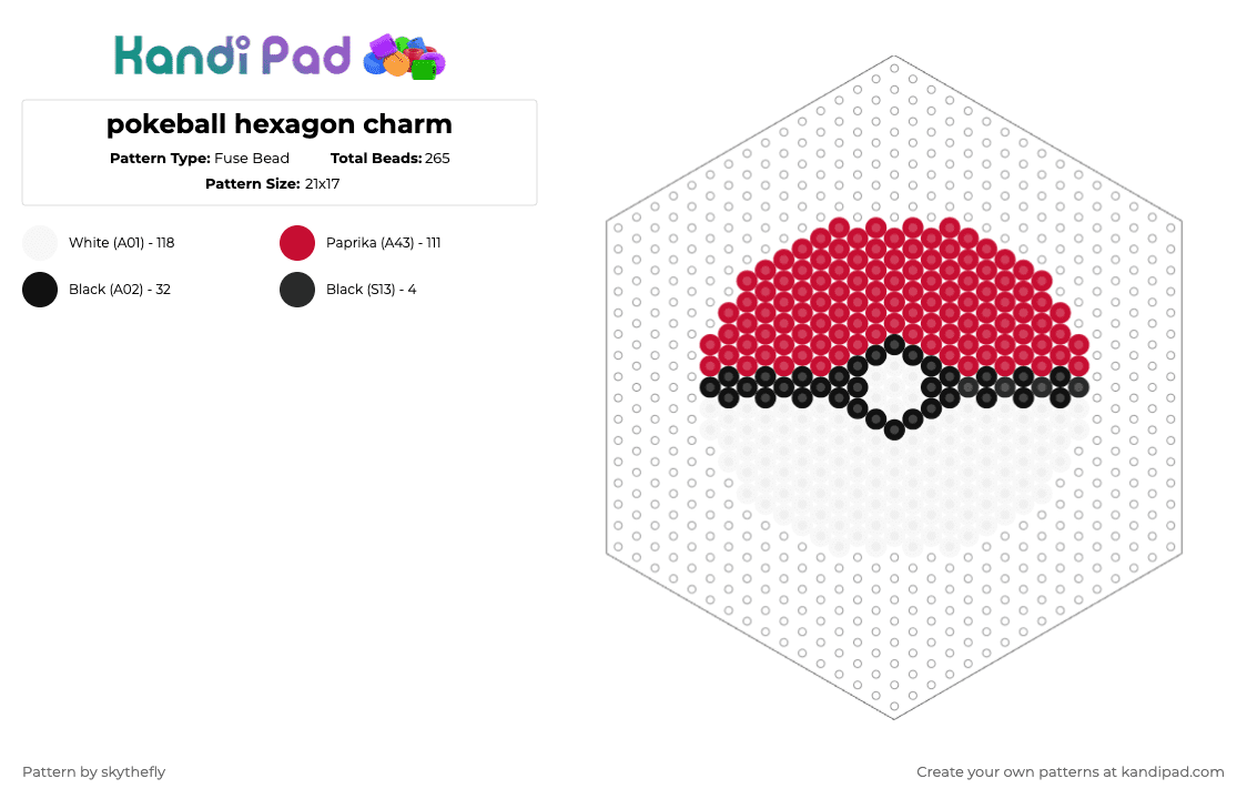 Pokeball charm - Fuse Bead Pattern by skythefly on Kandi Pad - white,red,pokemon,pokeball,charm