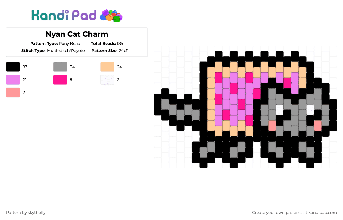 Nyan Cat Charm - Pony Bead Pattern by skythefly on Kandi Pad - black,pink,gray,nyan,nyan cat,cat,cute,rainbow,colourful,multistitch