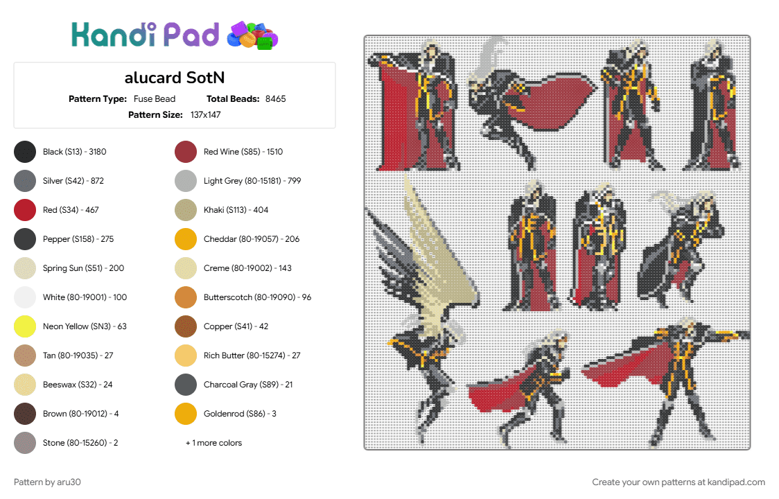 alucard SotN - Fuse Bead Pattern by aru30 on Kandi Pad - beige, black, gray, red