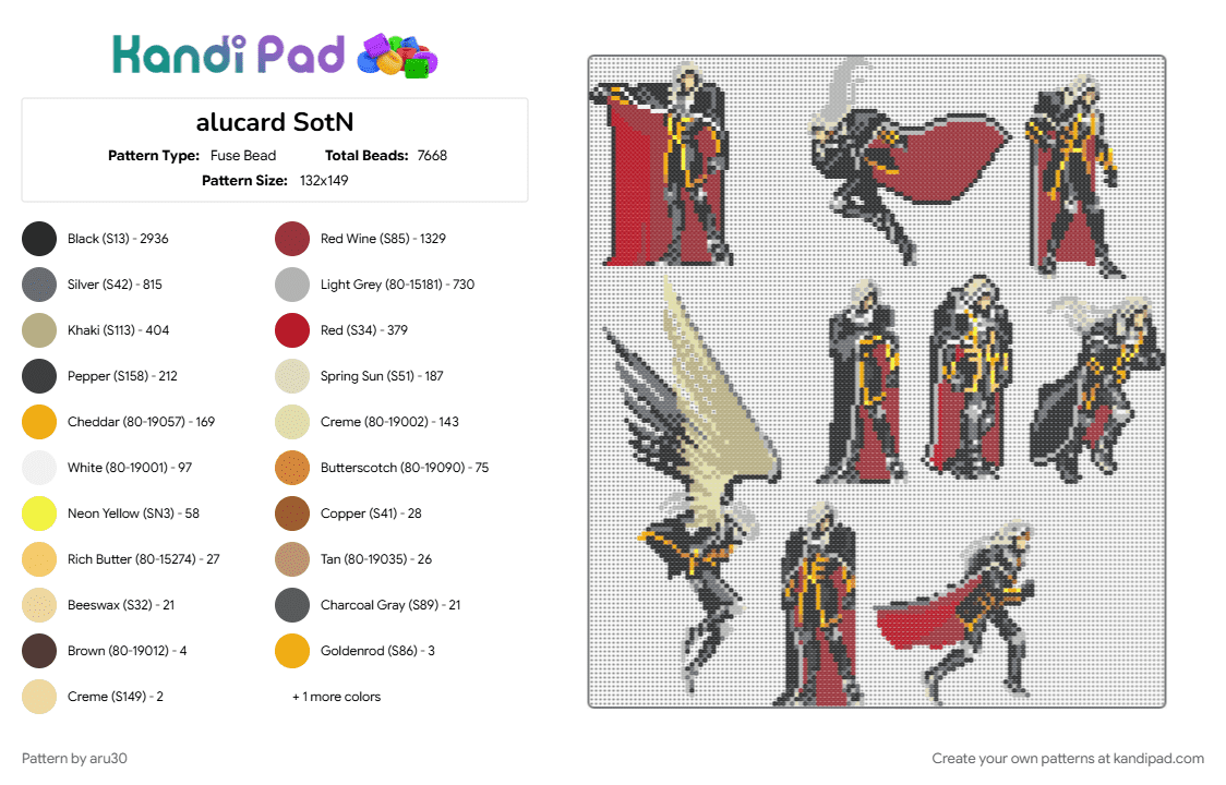 alucard SotN - Fuse Bead Pattern by aru30 on Kandi Pad - beige, black, gray, red