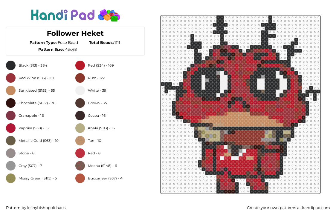 Follower Heket - Fuse Bead Pattern by leshybishopofchaos on Kandi Pad - cult of the lamb, red