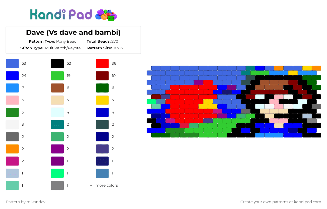 Dave (Vs dave and Bambi) - Pony Bead Pattern by mikandev on Kandi Pad - blue, green, purple, red