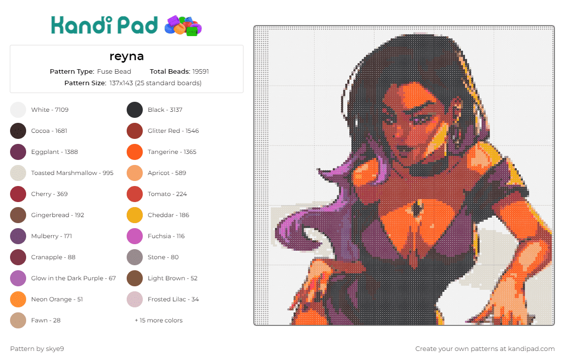 reyna - Fuse Bead Pattern by skye9 on Kandi Pad - reyna,valorant,gaming,video game,character,fierce,dynamic,detailed,purple,orange