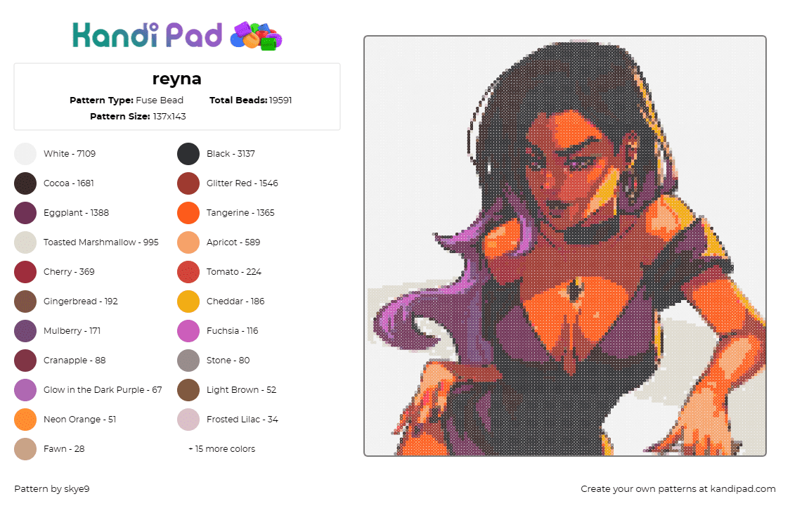 reyna - Fuse Bead Pattern by skye9 on Kandi Pad - reyna,valorant,gaming,video game,character,fierce,detailed,purple,orange