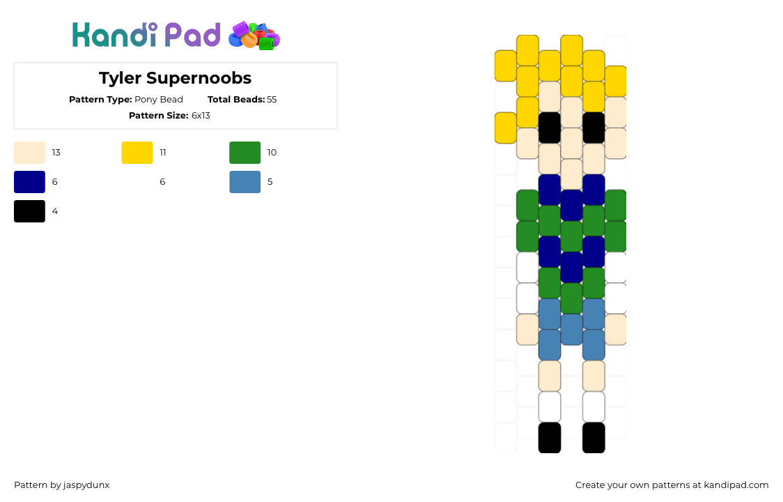 Tyler Supernoobs - Pony Bead Pattern by jaspydunx on Kandi Pad - tyler bowman,supernoobs,character,tv show,charm,cartoon,yellow,beige,green