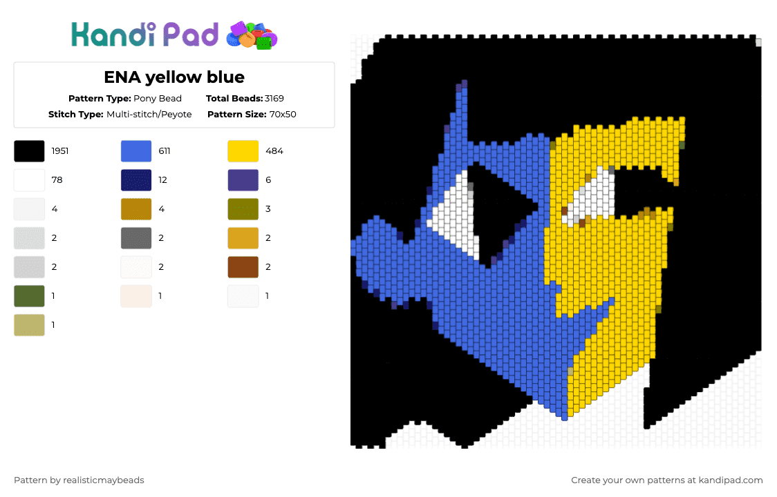 ENA yellow blue - Pony Bead Pattern by realisticmaybeads on Kandi Pad - black,blue,yellow