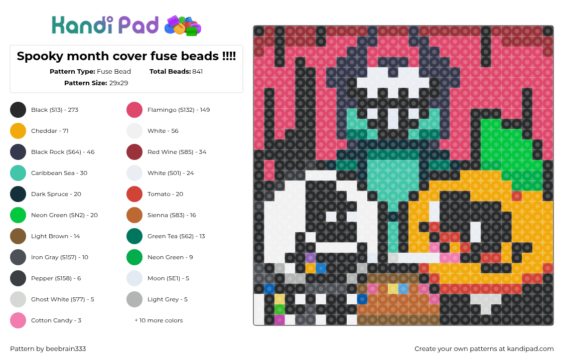 Spooky month cover fuse beads !!!! - Fuse Bead Pattern by beebrain333 on Kandi Pad - teal,orange,purple,red