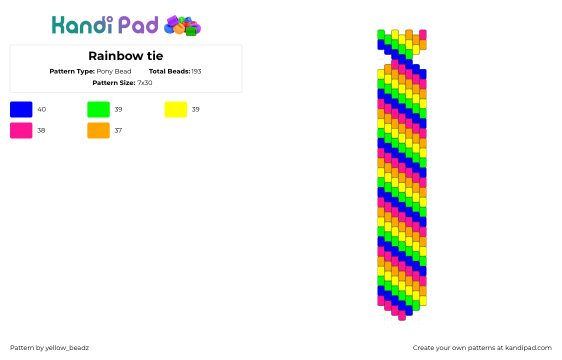 Rainbow tie - Pony Bead Pattern by yellow_beadz on Kandi Pad - green,orange,colorful,rainbow,tie,5colours,five colours,five colors,5colors,5 colors,5 colours