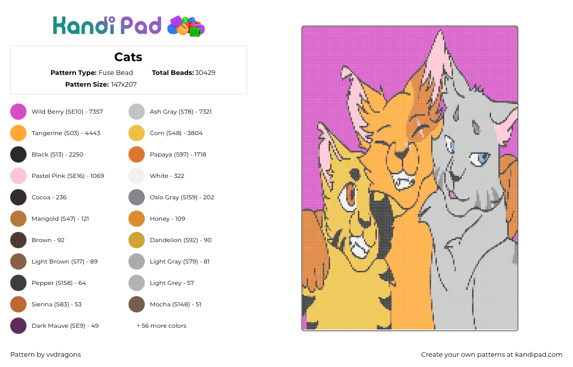 Cats - Fuse Bead Pattern by deleted_user_714442 on Kandi Pad - cat,cat hug,warrior cats,cats,cat friends