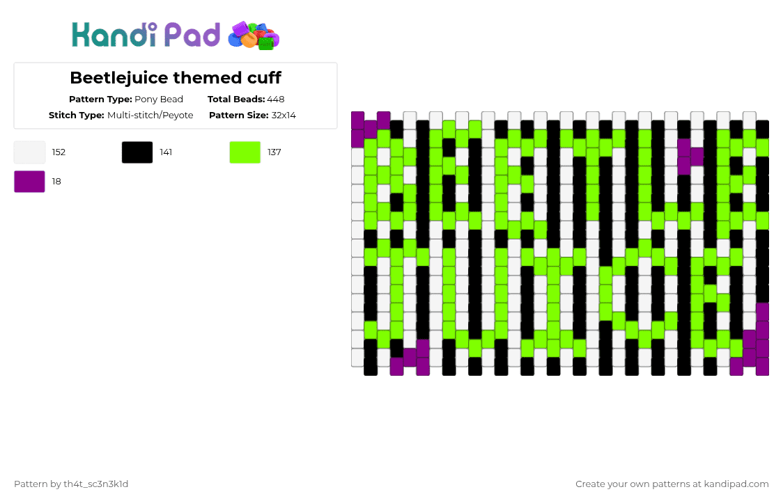 Beetlejuice themed cuff - Pony Bead Pattern by th4t_sc3n3k1d on Kandi Pad - green