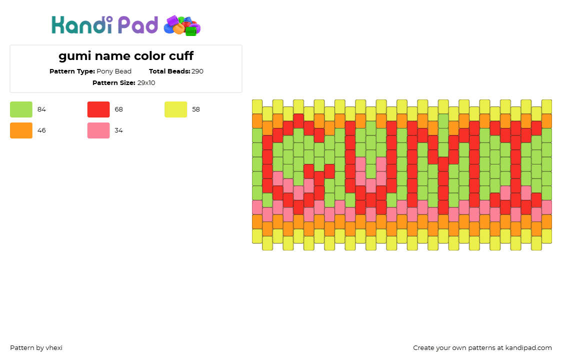 gumi name color cuff - Pony Bead Pattern by vhexi on Kandi Pad - yellow,green,red
