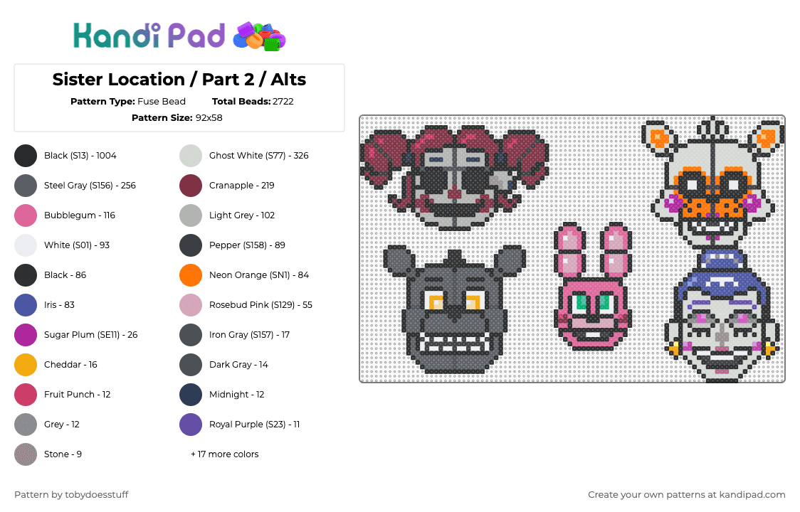 Sister Location / Part 2 / Alts - Fuse Bead Pattern by noahdoesstuff on Kandi Pad - black,brown,pink,beige,gray,colorful,five nights at freddys,sister location,charm