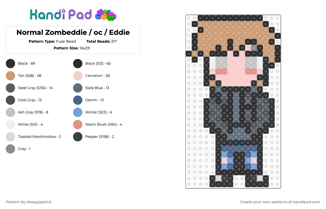 Normal Zombeddie / oc / Eddie - Fuse Bead Pattern by noahdoesstuff on Kandi Pad - black,beige,gray,oc,zombie,emo,punk,cute,charm