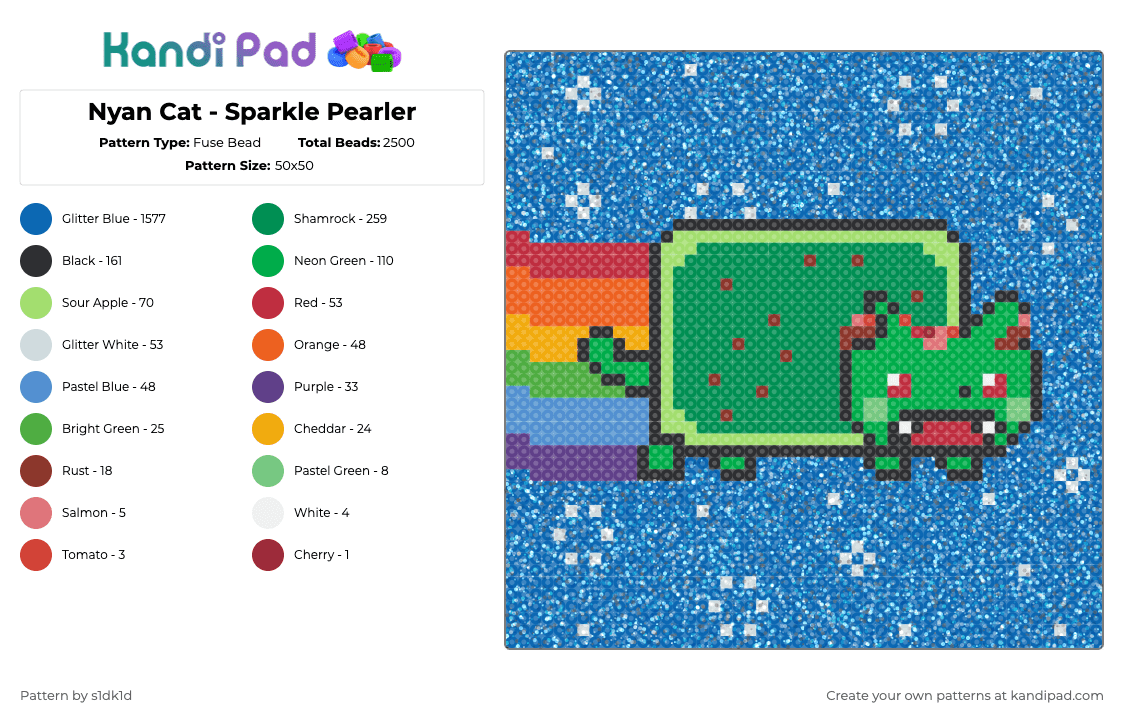 Nyan Cat - Sparkle Pearler - Fuse Bead Pattern by noahdoesstuff on Kandi Pad - green,blue,nyan cat,nyan,cat,animal,meme,scene,emo,2000s