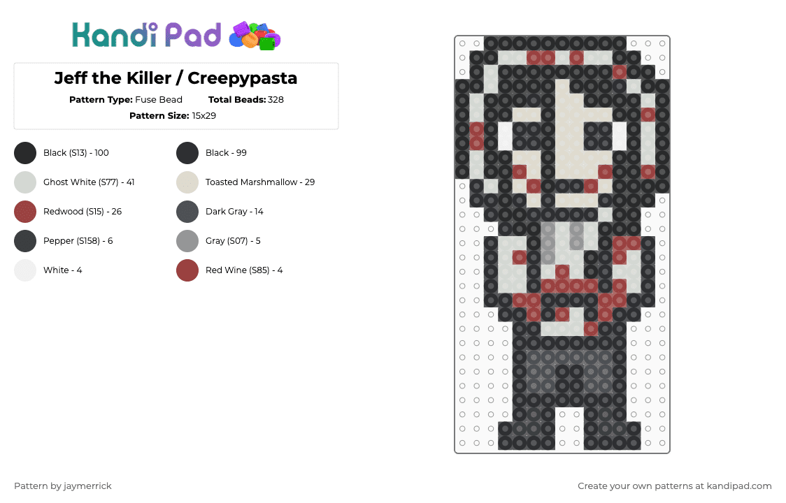 Jeff the Killer / Creepypasta - Fuse Bead Pattern by noahdoesstuff on Kandi Pad - black,beige,red,jeff the killer,creepypasta,spooky,blood,horror