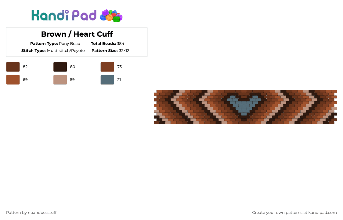 Brown / Heart Cuff - Pony Bead Pattern by noahdoesstuff on Kandi Pad - blue, brown, cotdhearts, cuff, heart, stipes