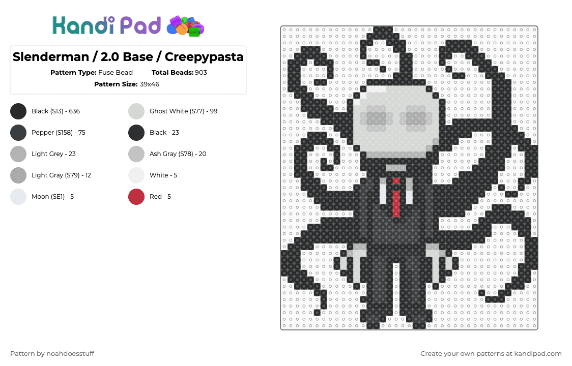 Slenderman / 2.0 Base / Creepypasta - Fuse Bead Pattern by noahdoesstuff on Kandi Pad - black,white,beige,slenderman,slenderverse,charm,fuse bead,marble hornets,tribe twelve,creepypasta