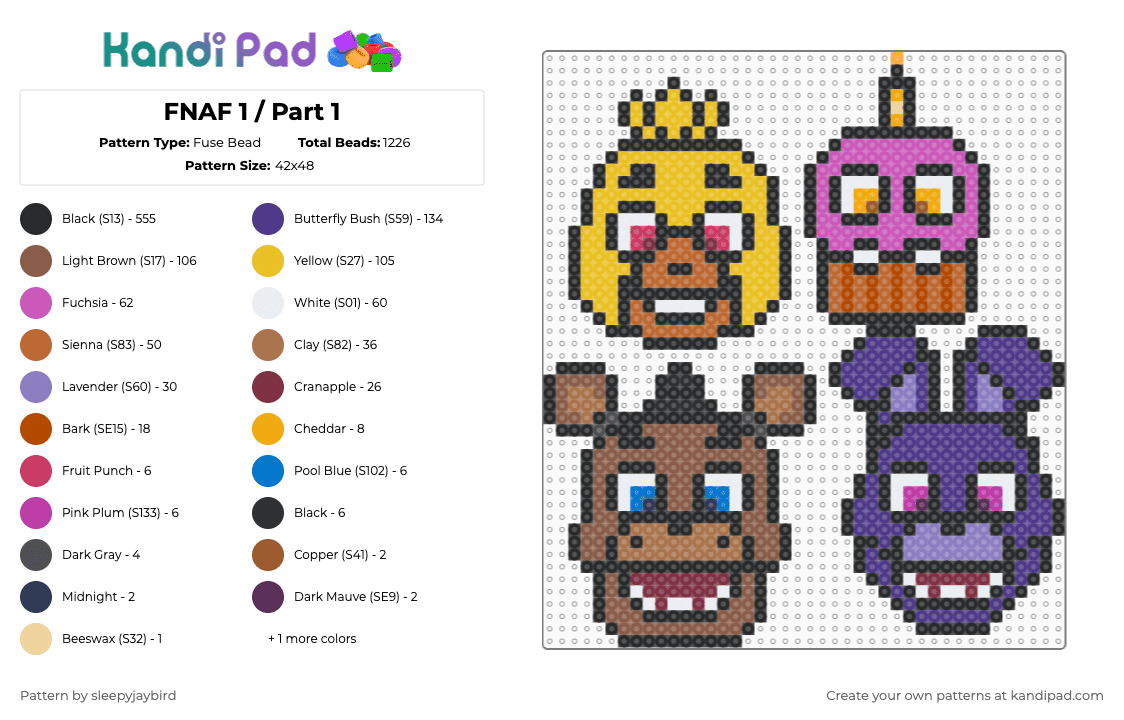 FNAF 1 / Part 1 - Fuse Bead Pattern by noahdoesstuff on Kandi Pad - black,yellow,tan,pink,purple,colorful,freddy,fnaf,five nights at freddys