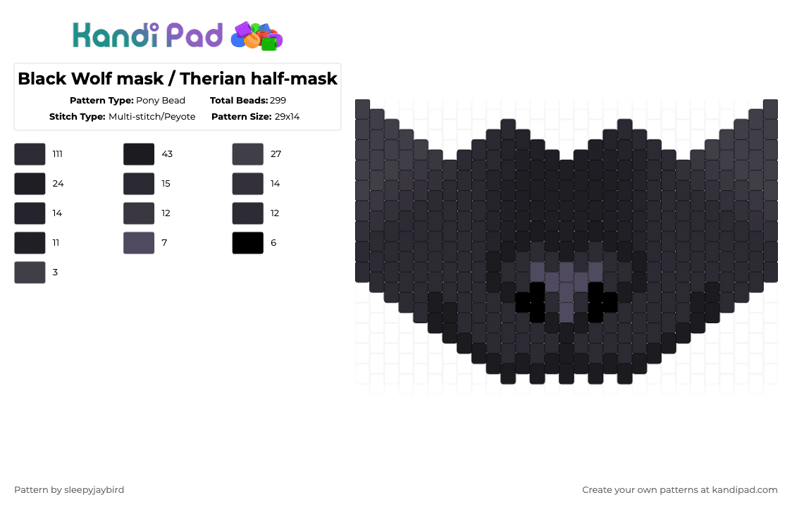 Black Wolf mask / Therian half-mask - Pony Bead Pattern by noahdoesstuff on Kandi Pad - black,therian,wolf,mask,theriantropy