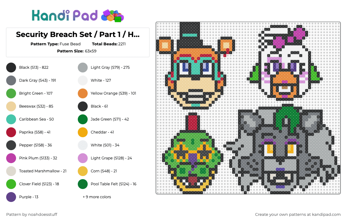 Security Breach Set / Part 1 / Head charms - Fuse Bead Pattern by noahdoesstuff on Kandi Pad - black,beige,gray,colorful,fnaf,security breach,roxy,chica,monty,freddy