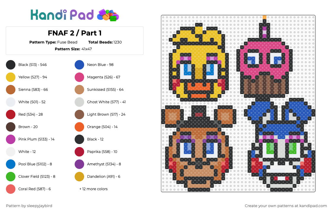 FNAF 2 / Part 1 - Fuse Bead Pattern by noahdoesstuff on Kandi Pad - black,blue,yellow,pink,tan,colorful,fnaf,freddy,chica,bonnie,cute