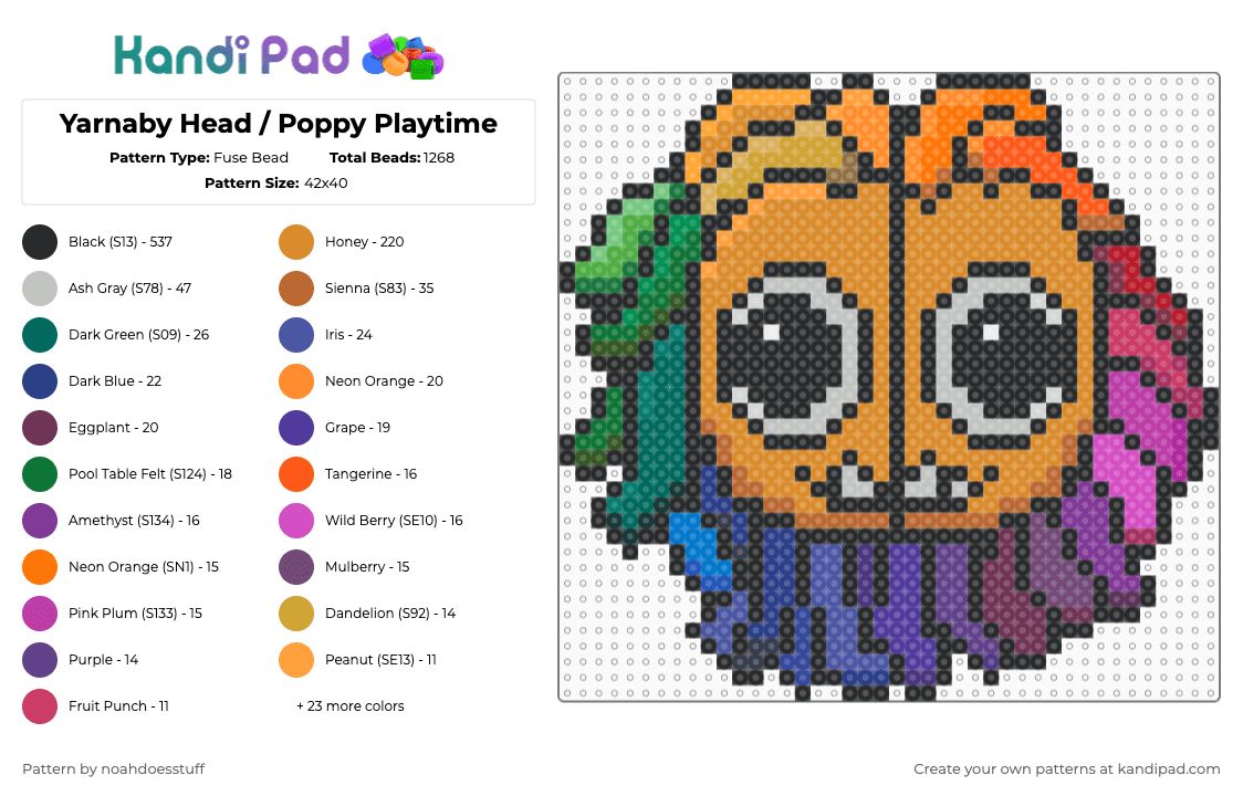 Yarnaby Head / Poppy Playtime - Fuse Bead Pattern by noahdoesstuff on Kandi Pad - black,orange,purple,pink,yarnaby,ppt,poppy play time,cute,head,fuse bead,rainbow