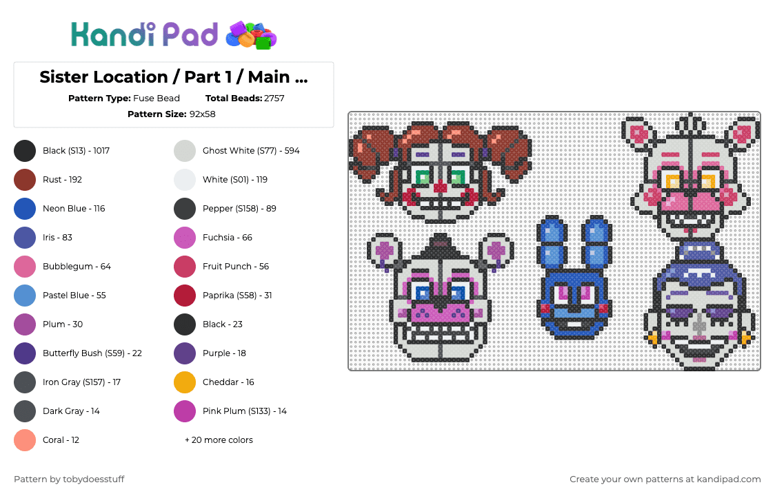 Sister Location / Part 1 / Main Gang - Fuse Bead Pattern by noahdoesstuff on Kandi Pad - black,white,purple,red,pink,colorful,fnaf,sister location,five nights at freddys,circus baby,bon bon,funtime freddy,funtime foxy,ballora