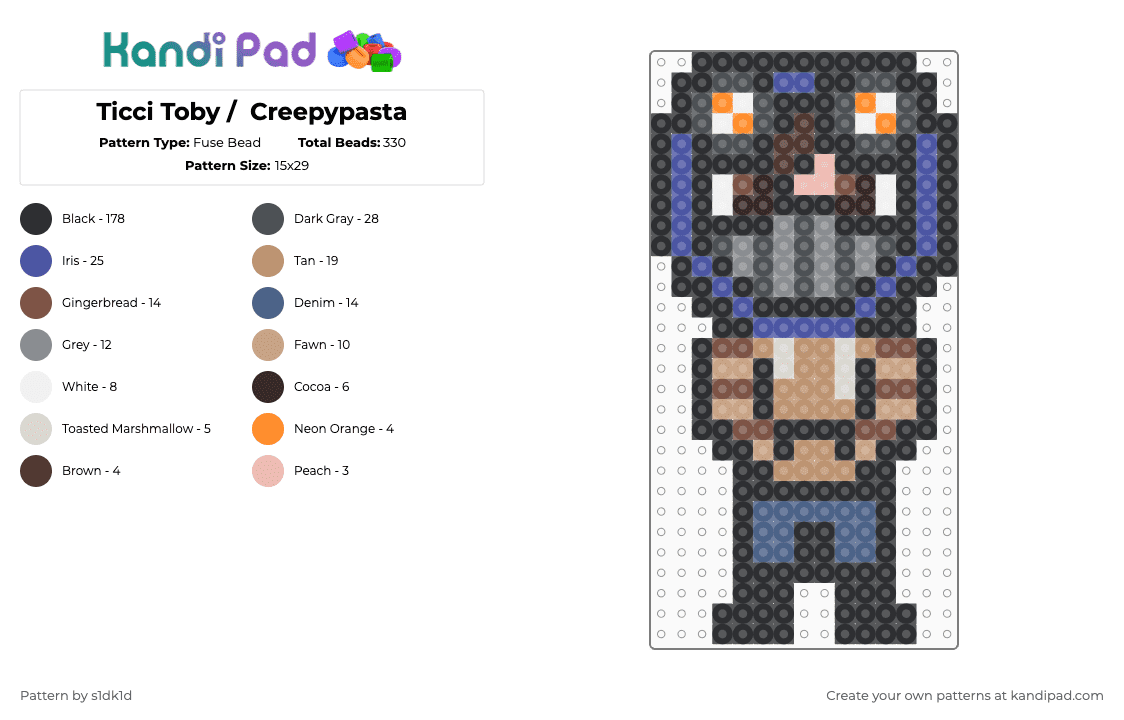 Ticci Toby /  Creepypasta - Fuse Bead Pattern by noahdoesstuff on Kandi Pad - black,gray,beige,purple,ticci toby,creepypasta,spooky
