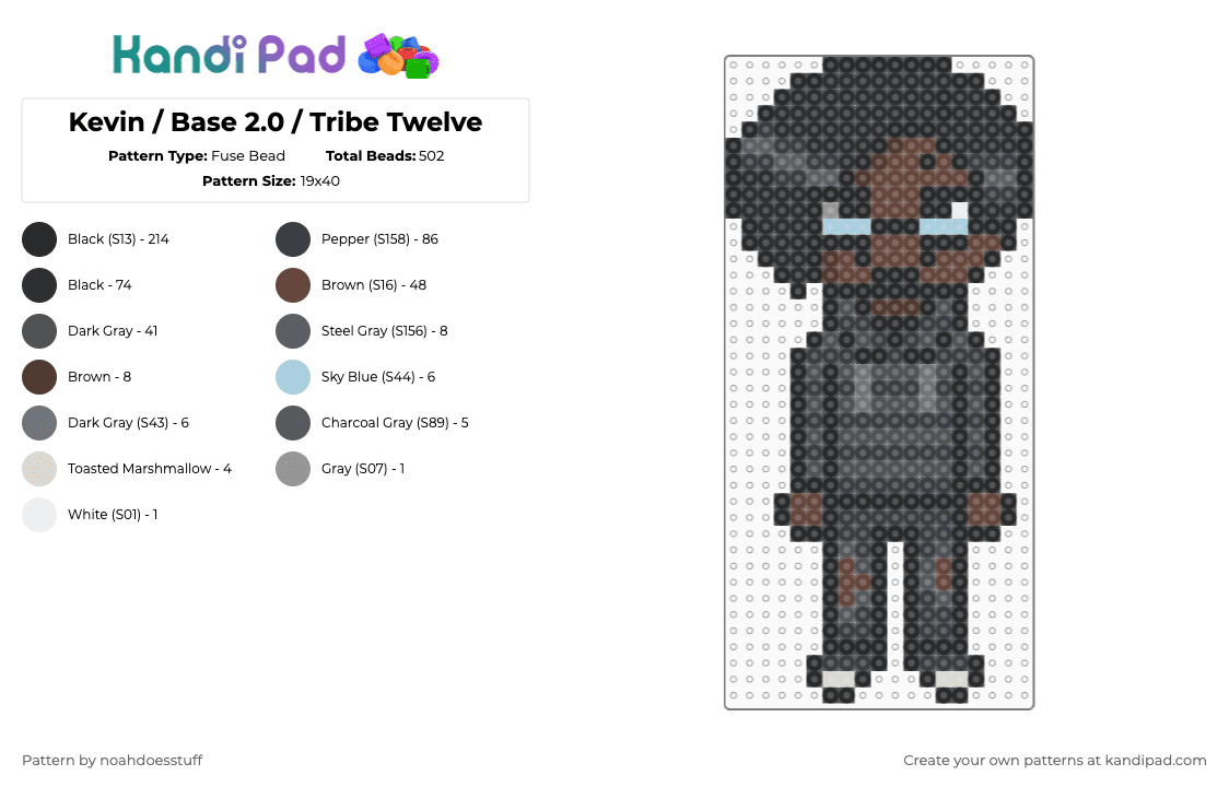 Kevin / Base 2.0 / Tribe Twelve - Fuse Bead Pattern by noahdoesstuff on Kandi Pad - black,gray,brown,kevin haas,tribe twelve,slenderverse,charm,fuse bead