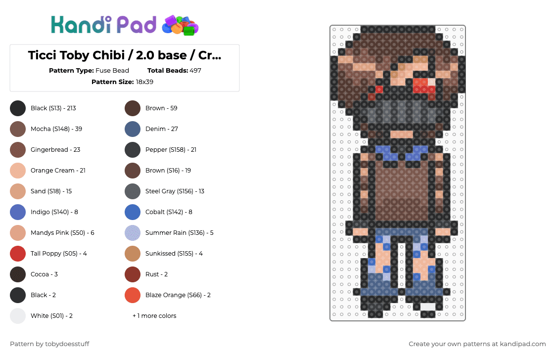 Ticci Toby Chibi / 2.0 base / Creepypasta Charm - Fuse Bead Pattern by noahdoesstuff on Kandi Pad - black,brown,tan,blue,colorful,ticci toby,creepypasta,horrror,charm