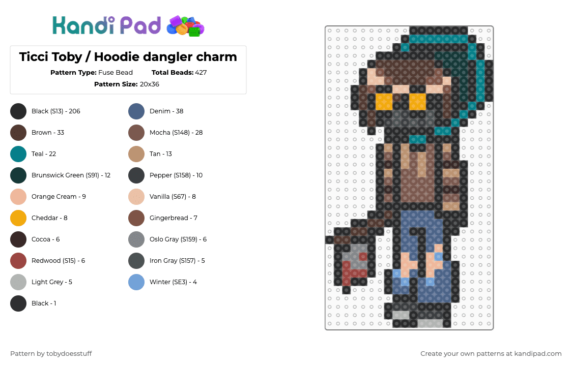 Ticci Toby / Hoodie dangler charm - Fuse Bead Pattern by noahdoesstuff on Kandi Pad - black,beige,brown,tan,blue,colorful,ticci toby,creepypasta,hoodie,dangler,charm,pearler,fuse bead