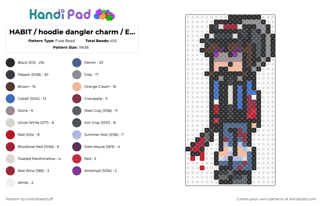 HABIT / hoodie dangler charm / Everyman HYBRID - Fuse Bead Pattern by noahdoesstuff on Kandi Pad - black,brown,gray,blue,blood,habit,everyman hybrid,dangle,hoodie,evan myers,slenderverse