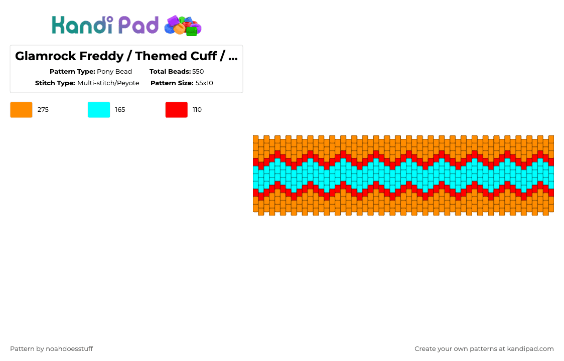 Glamrock Freddy / Themed Cuff / FNAF Security Breach - Pony Bead Pattern by noahdoesstuff on Kandi Pad - orange,glamrock freddy,fnaf,security breach,cuff,red,teal