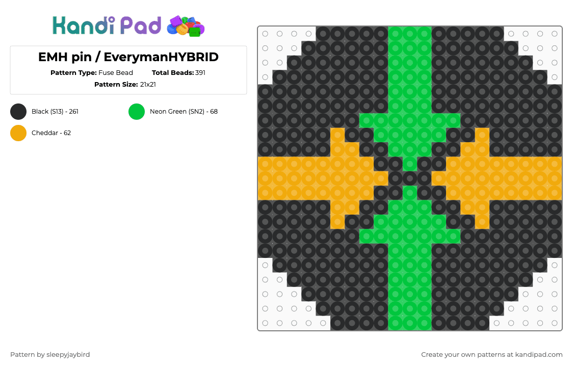 EMH pin / EverymanHYBRID - Fuse Bead Pattern by noahdoesstuff on Kandi Pad - black,green,orange,emh,everymanhybrid,habit,slenderman,slenderverse