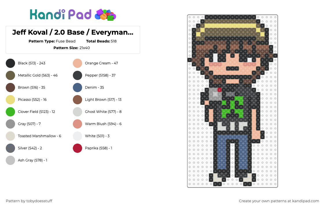 Jeff Koval / 2.0 Base / EverymanHYBRID charm - Fuse Bead Pattern by noahdoesstuff on Kandi Pad - black,tan,beige,blue,colorful,jeff koval,everymanhybrid,creepypasta,charm