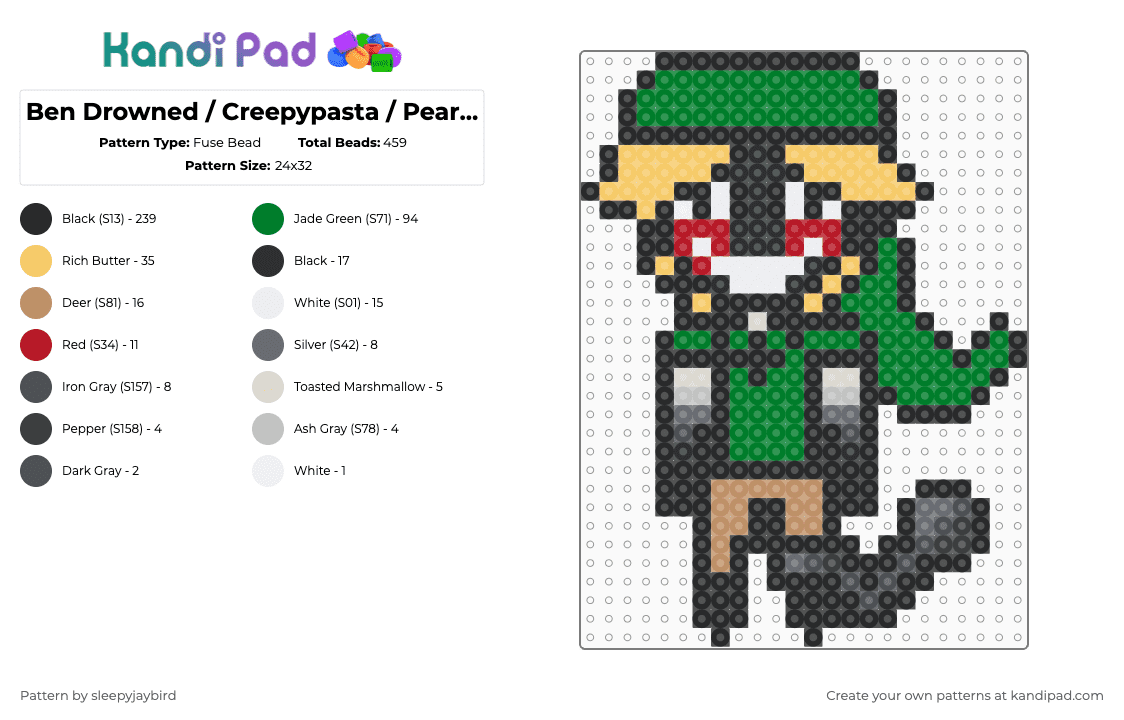 Ben Drowned / Creepypasta / Pearler Charm - Fuse Bead Pattern by noahdoesstuff on Kandi Pad - black,yellow,green,ben drowned,creepypasta,zelda,nintendo