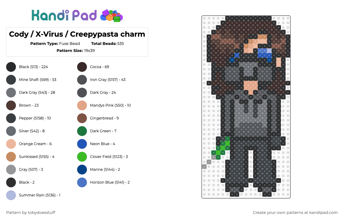 Cody / X-Virus / Creepypasta charm - Fuse Bead Pattern by noahdoesstuff on Kandi Pad - black,brown,gray,purple,xvirus,cody,creepypasta,charm